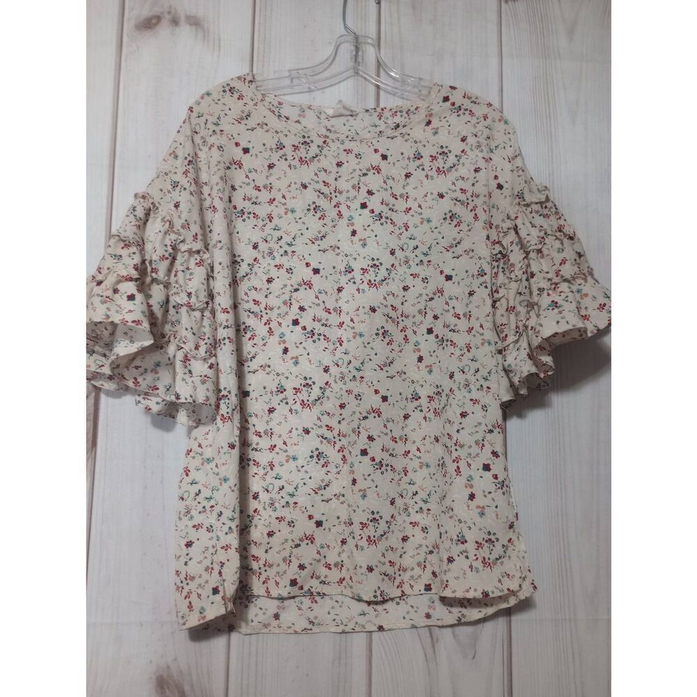 Betsey's Boutique Shop Cream‎ Floral Ruffle Sleeve Blouse Ladies S CottageCore